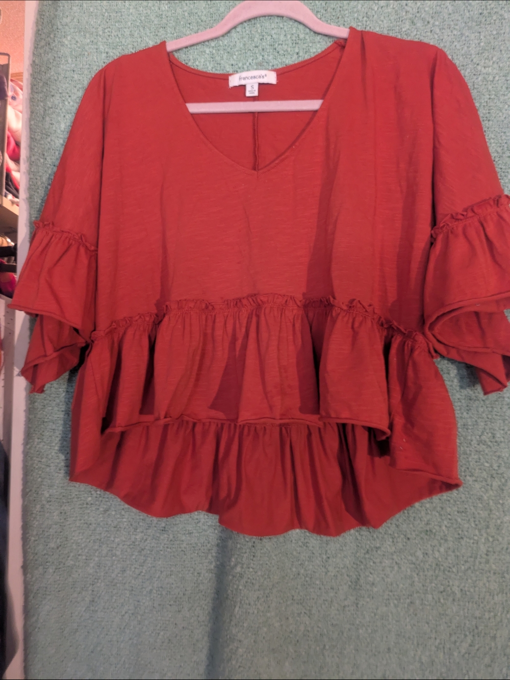 Francesca's Collections Rust Ruffle Tiered V-Neck Top